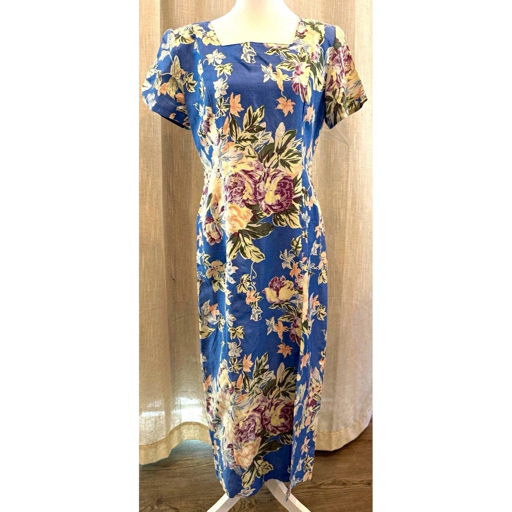 Carol Anderson Floral Sheath Dress Blue Multi Color Womens Size 10 Vintage 90's
